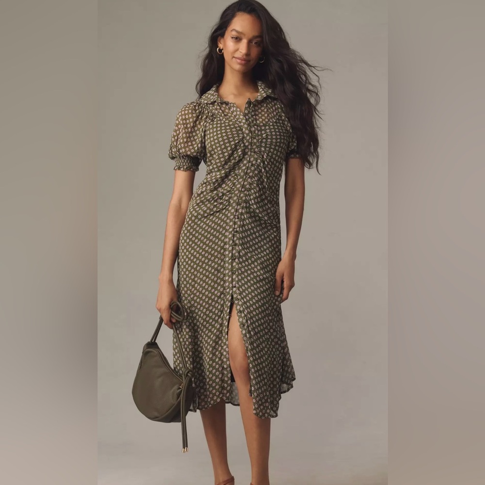 Puff-sleeve, rouched meshed shirt dress by Anthropology